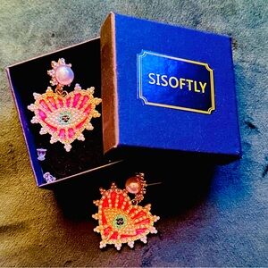 Gold and Pink Evil Eye Heart Bling Hypoallergenic Statement Earrings 1”X1.5”